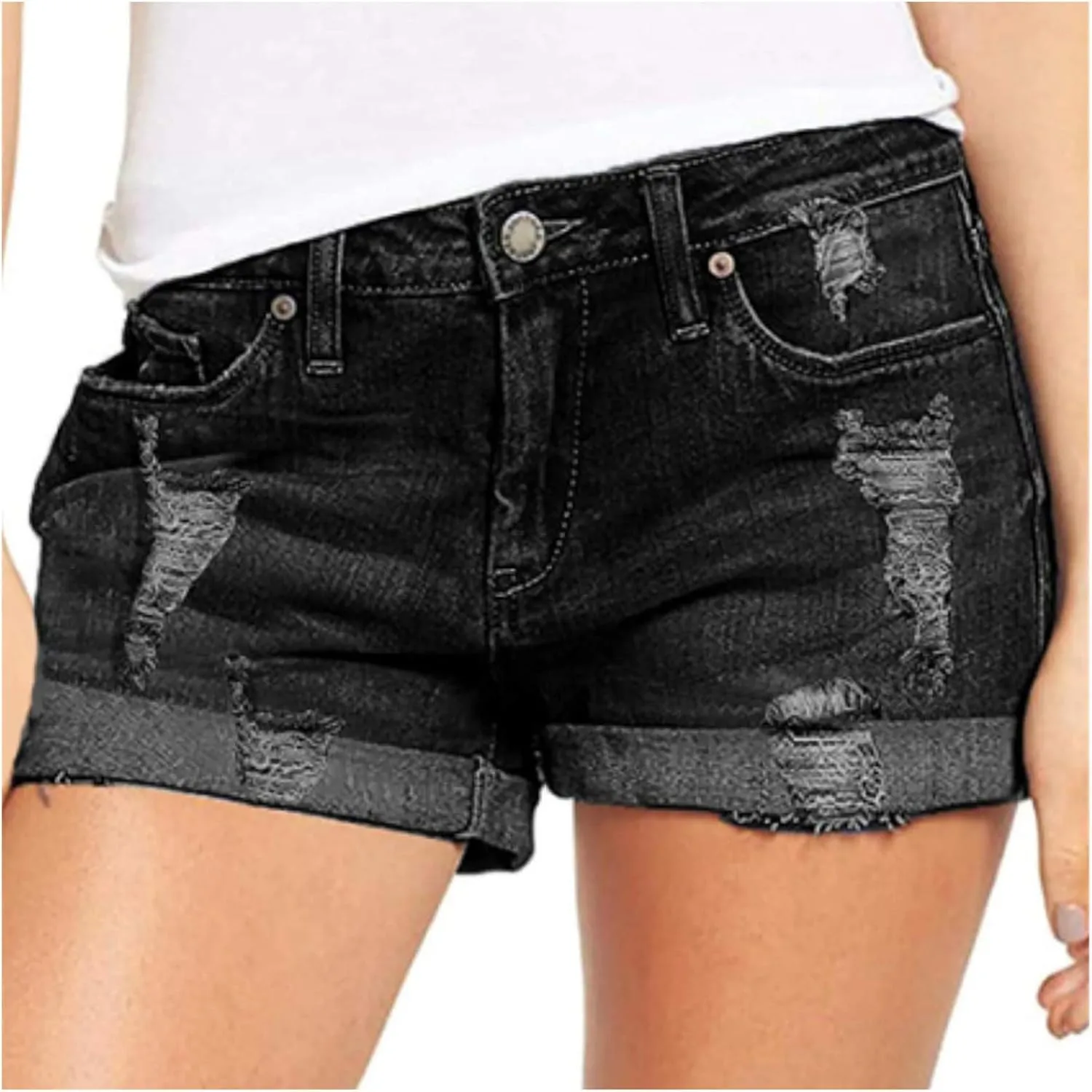 Ripped Jean Shorts Women High Waisted Roll Up Hem Straight Leg Denim Jean Shorts Stretch Summer Short Pants with Pockets
