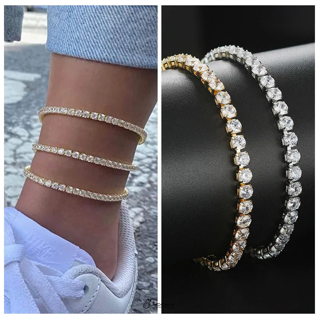 Round Cut C.Z Tennis Chain Anklet - Silver