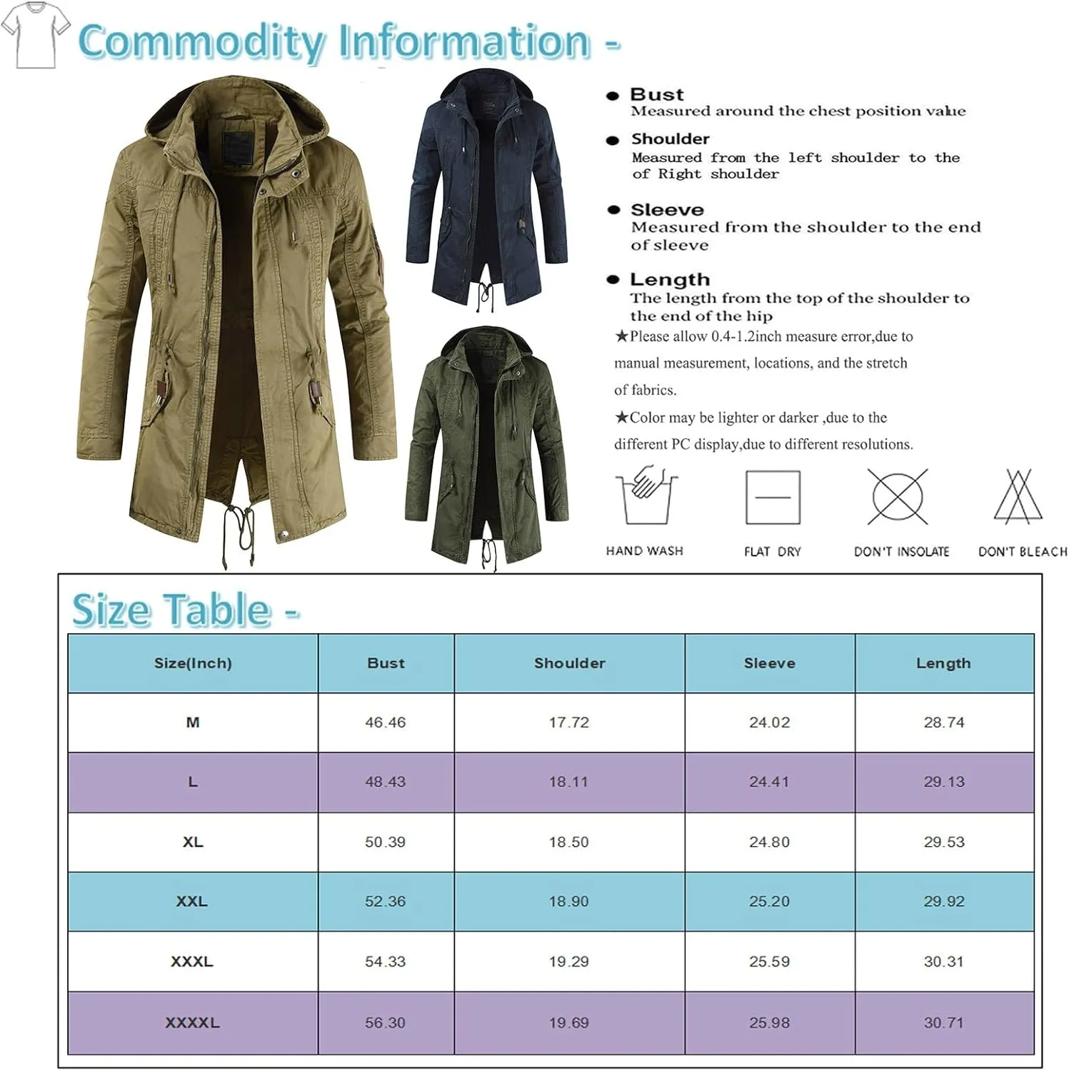 RTRDE Men's Trench Coat Long With Hood Notched Lapel Jacket Windbreaker Overcoat Pea Winter Coats For Men, M-4XL