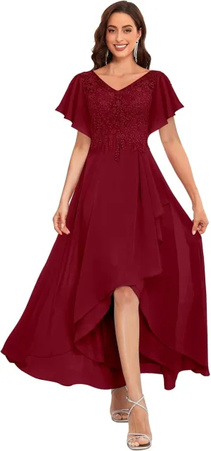 Ruffle Short Sleeve Mother of The Bride Dresses for Wedding Hi-Low V-Neck Lace Chiffon Evening Formal Dress