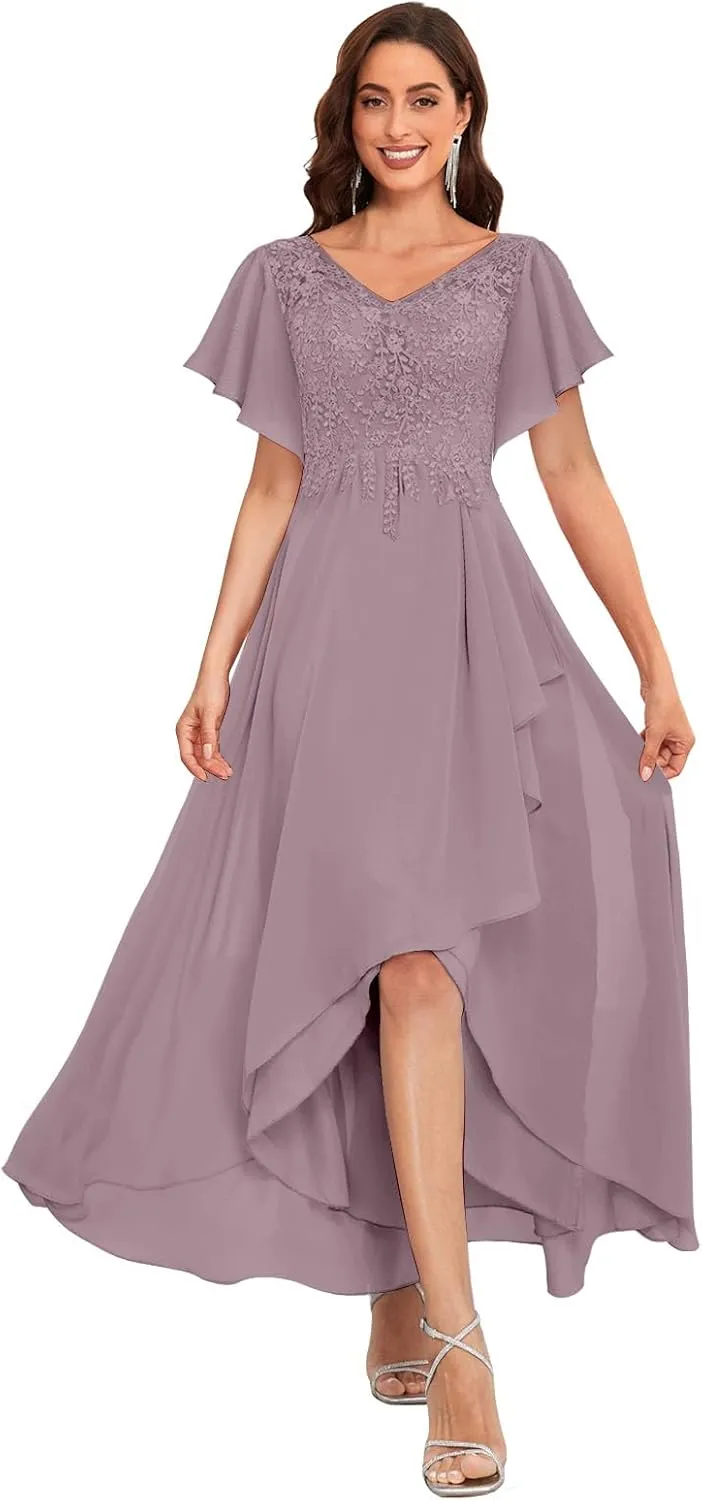 Ruffle Short Sleeve Mother of The Bride Dresses for Wedding Hi-Low V-Neck Lace Chiffon Evening Formal Dress