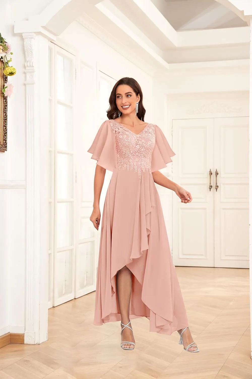 Ruffle Short Sleeve Mother of The Bride Dresses for Wedding Hi-Low V-Neck Lace Chiffon Evening Formal Dress