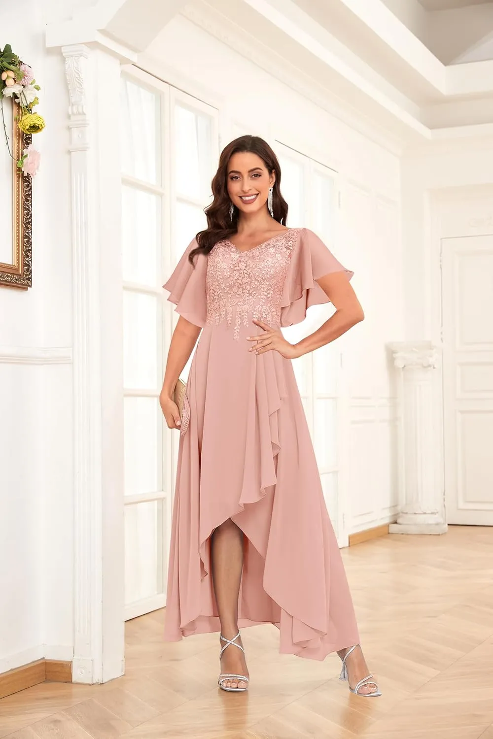 Ruffle Short Sleeve Mother of The Bride Dresses for Wedding Hi-Low V-Neck Lace Chiffon Evening Formal Dress
