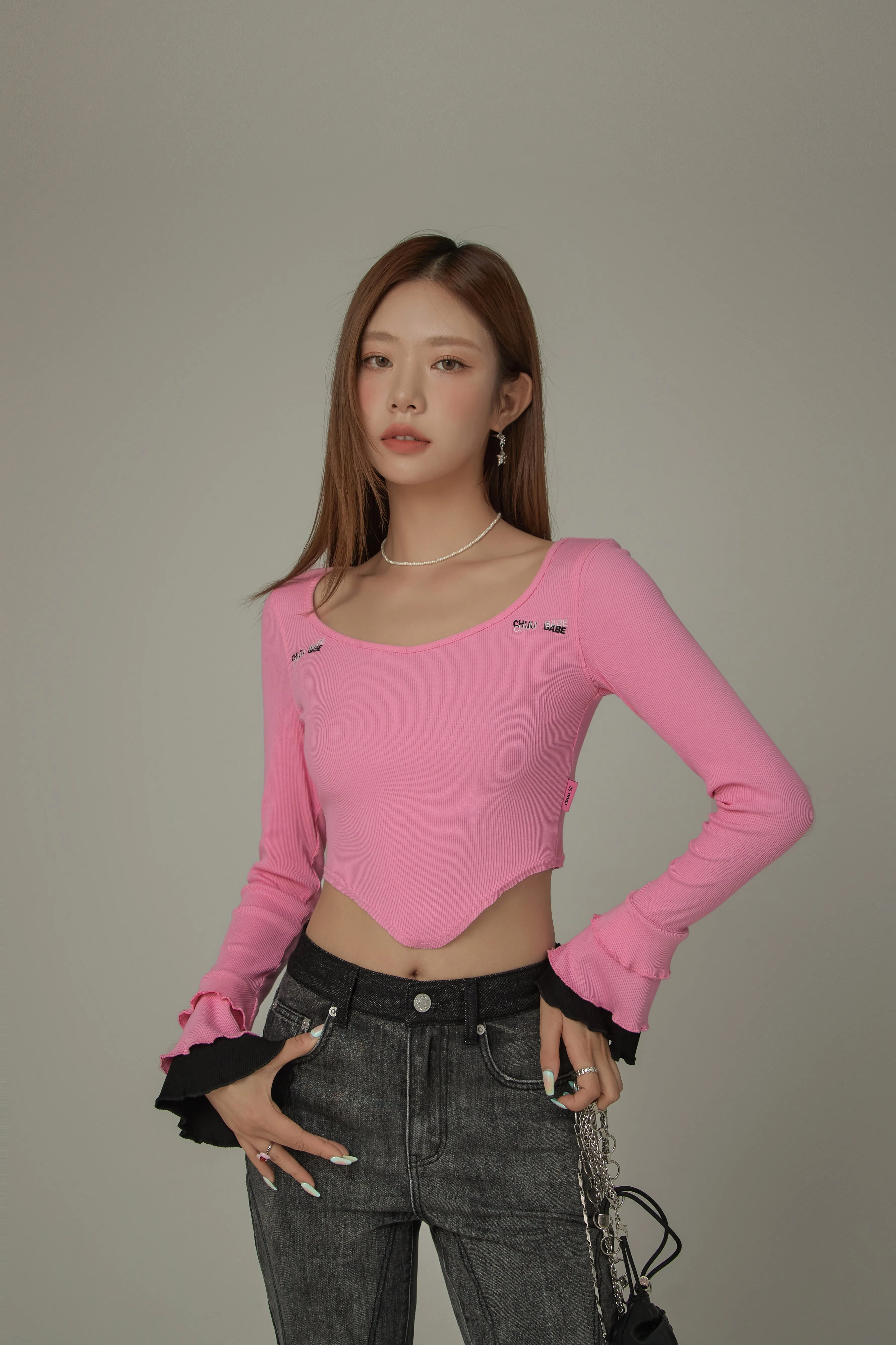 Ruffle Sleeve Asymmetrical Cut Color T-Shirt
