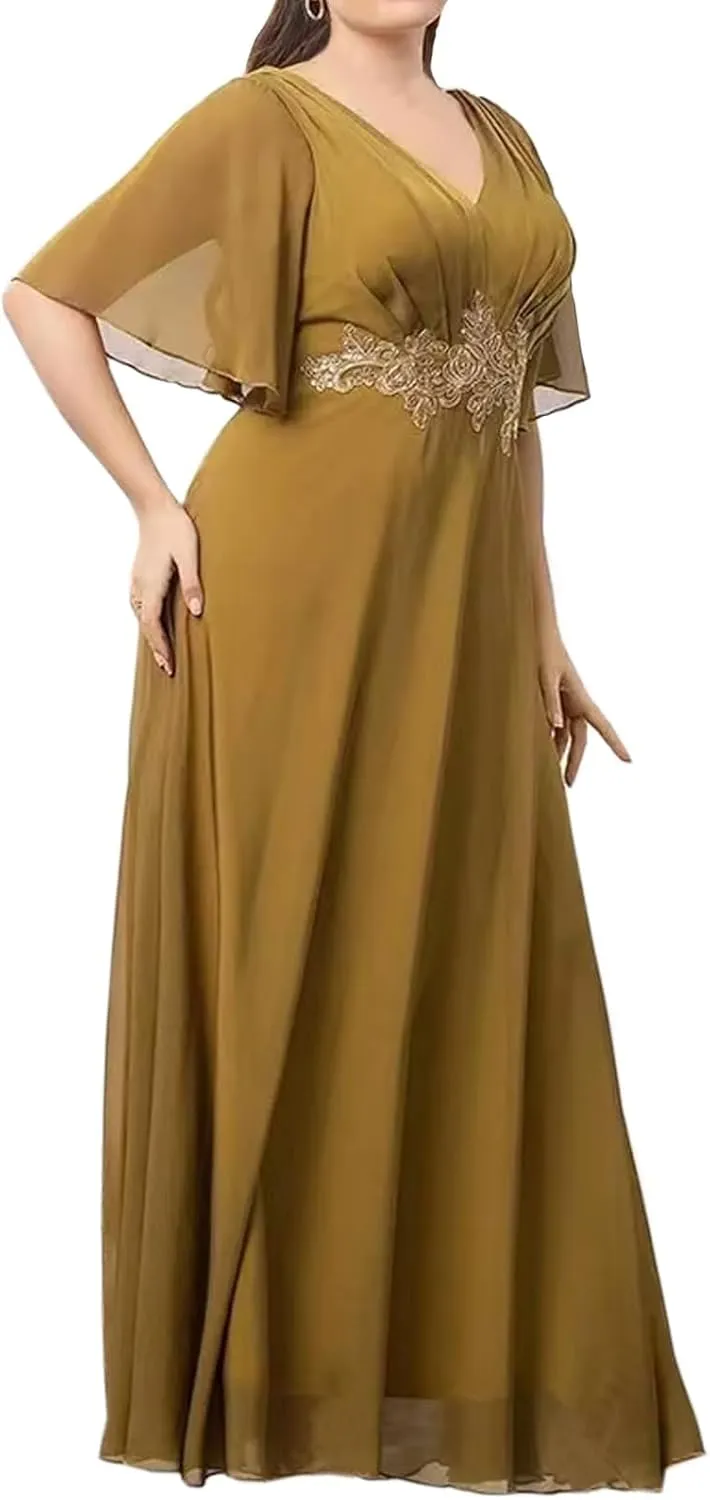 Ruffles Sleeves Mother of The Bride Dresses for Women Chiffon Appliques Formal Dress Evening Gown