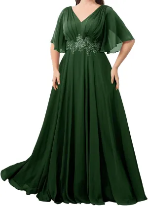 Ruffles Sleeves Mother of The Bride Dresses for Women Chiffon Appliques Formal Dress Evening Gown