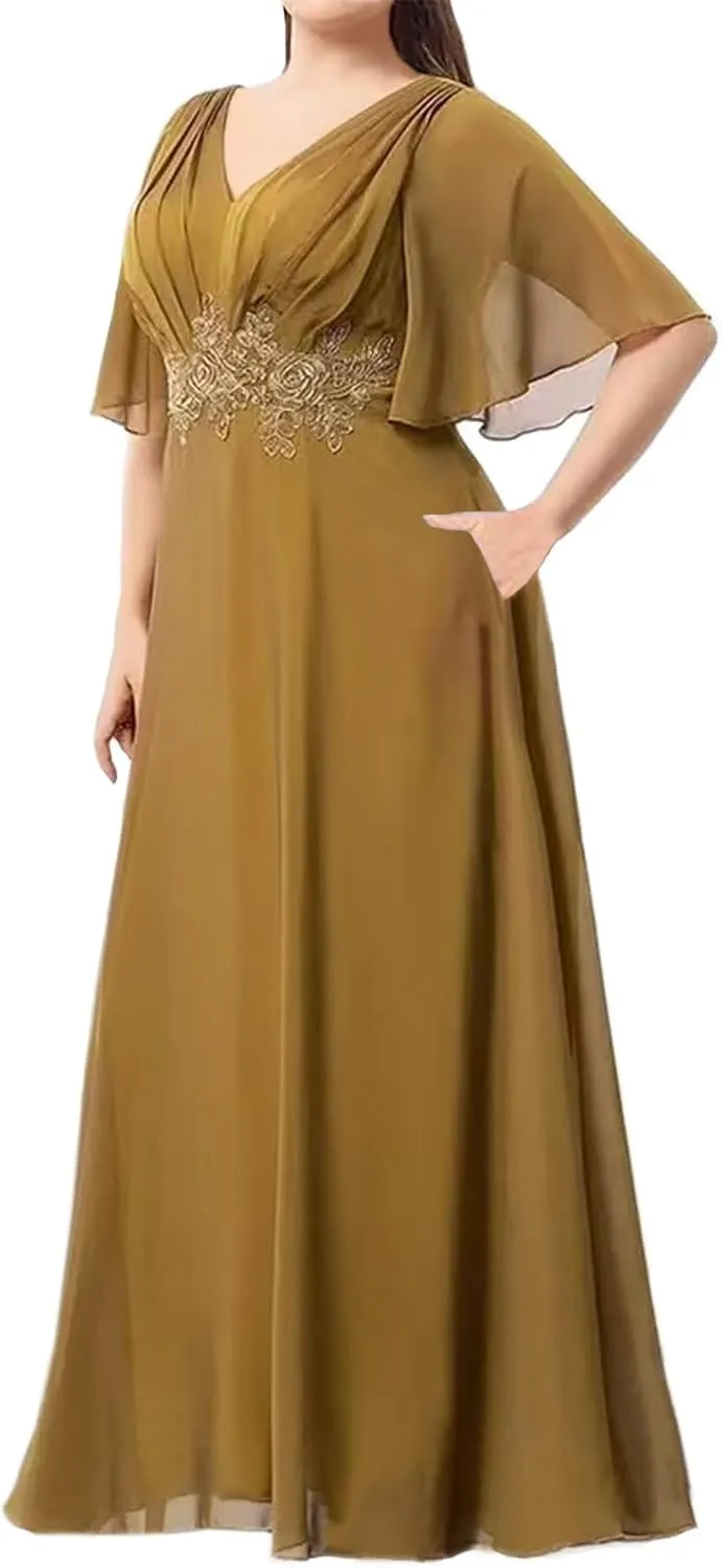 Ruffles Sleeves Mother of The Bride Dresses for Women Chiffon Appliques Formal Dress Evening Gown