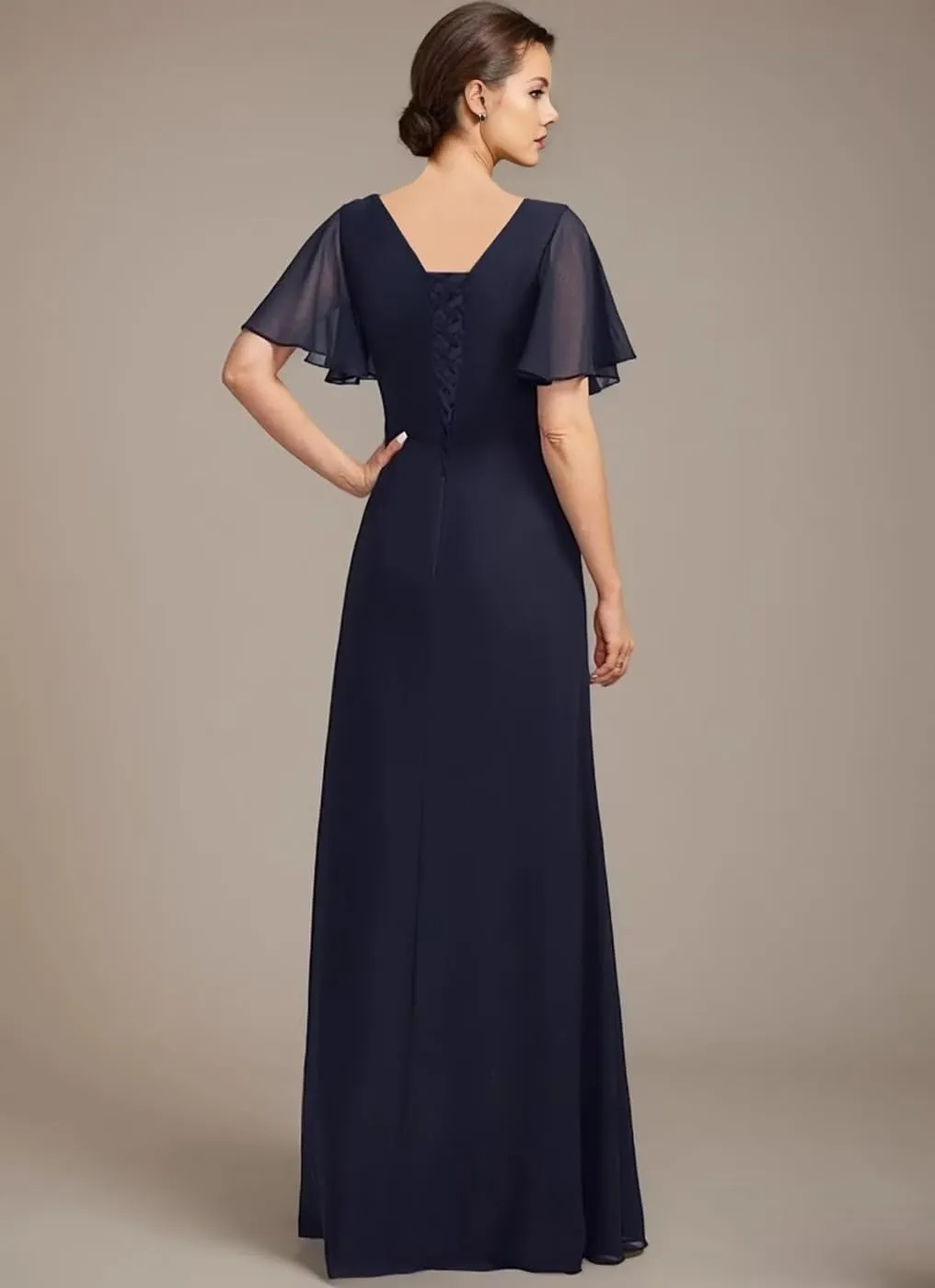 Ruffles Sleeves Mother of The Bride Dresses with Beading Asymmetrical Neck Formal Dresses with Pockets