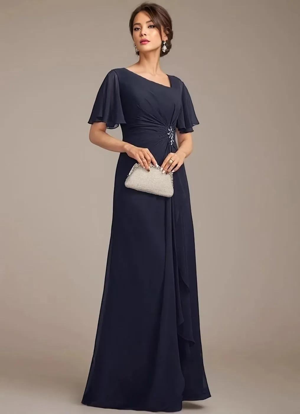 Ruffles Sleeves Mother of The Bride Dresses with Beading Asymmetrical Neck Formal Dresses with Pockets