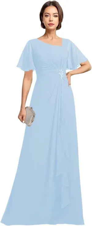 Ruffles Sleeves Mother of The Bride Dresses with Beading Asymmetrical Neck Formal Dresses with Pockets
