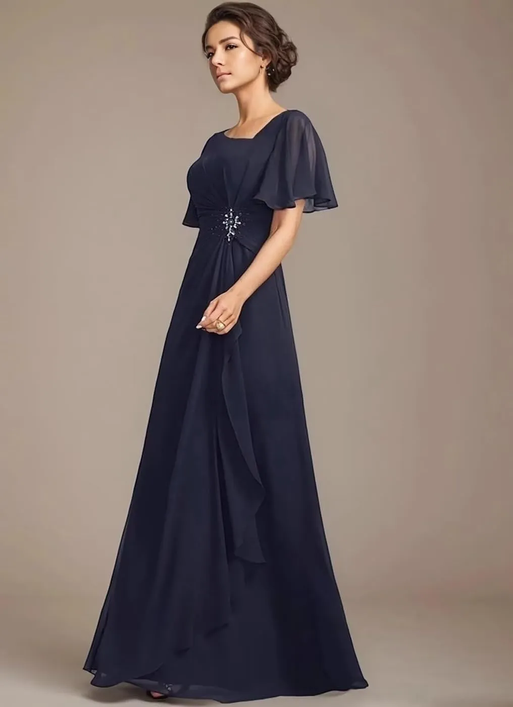 Ruffles Sleeves Mother of The Bride Dresses with Beading Asymmetrical Neck Formal Dresses with Pockets
