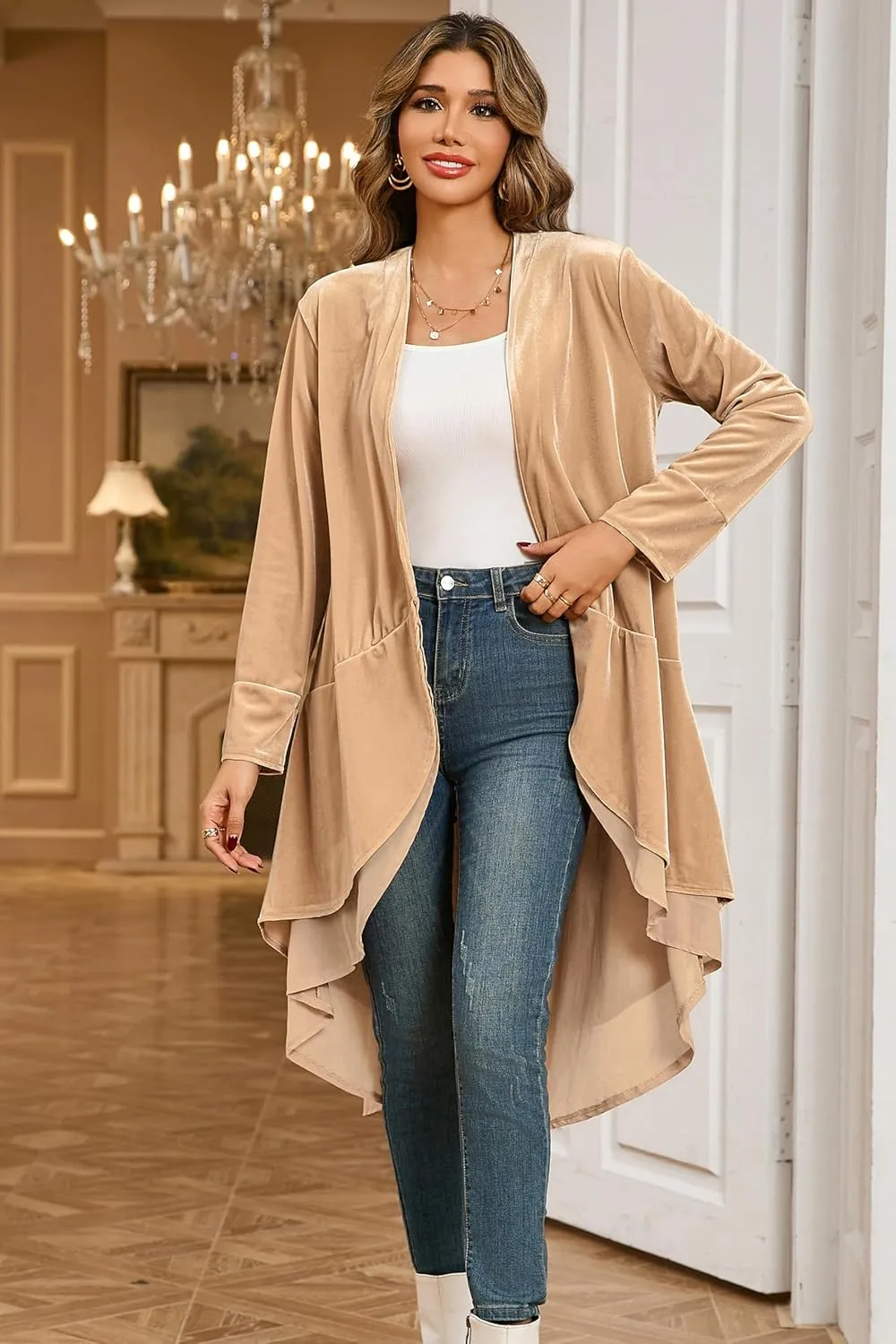 R.Vivimos Womens Ruffled Asymmetric Long Velvet Blazers Coat Casual Jackets