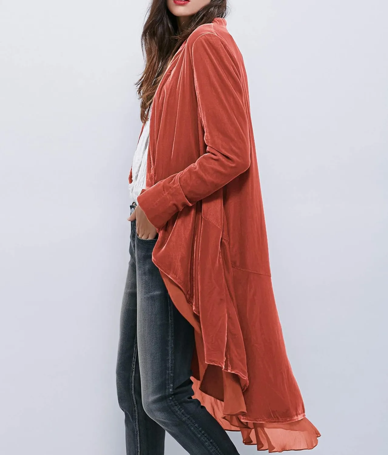 R.Vivimos Womens Ruffled Asymmetric Long Velvet Blazers Coat Casual Jackets