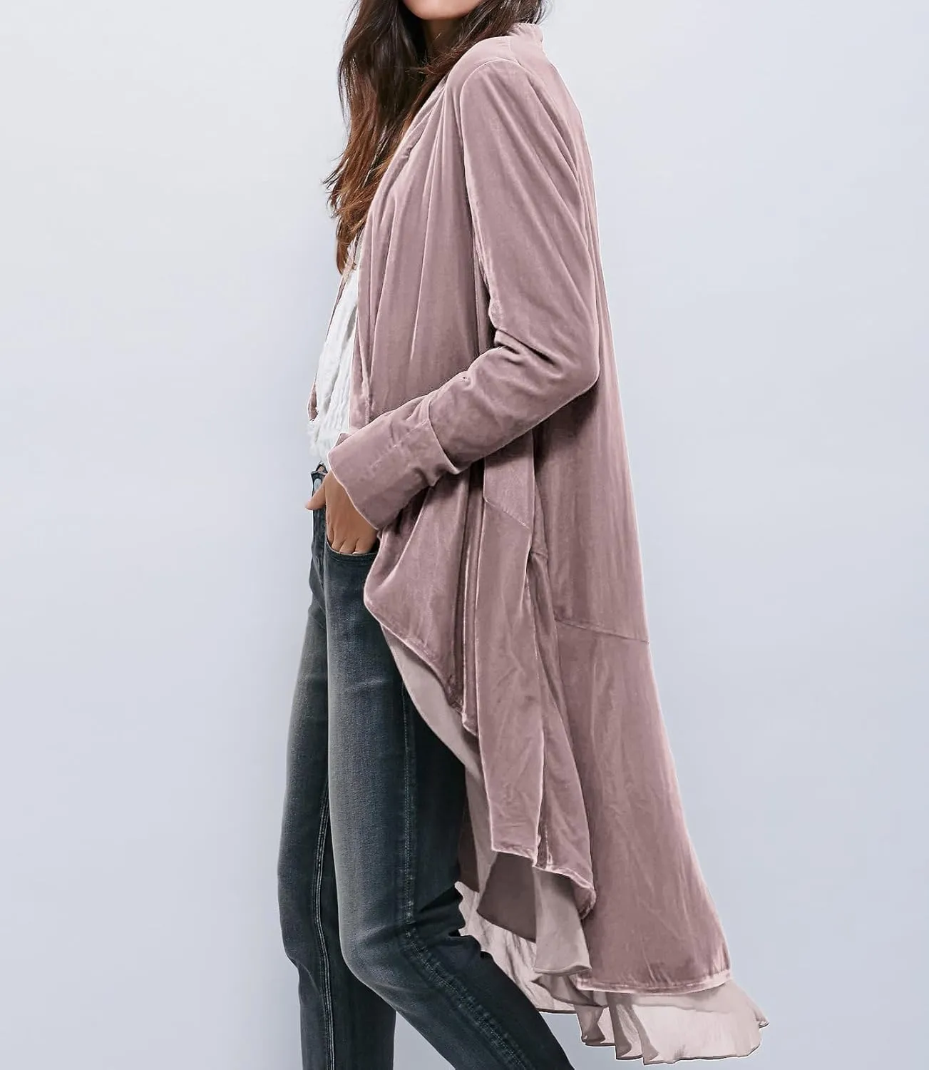 R.Vivimos Womens Ruffled Asymmetric Long Velvet Blazers Coat Casual Jackets