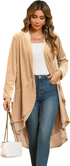 R.Vivimos Womens Ruffled Asymmetric Long Velvet Blazers Coat Casual Jackets