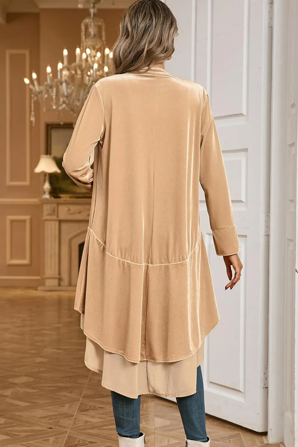 R.Vivimos Womens Ruffled Asymmetric Long Velvet Blazers Coat Casual Jackets