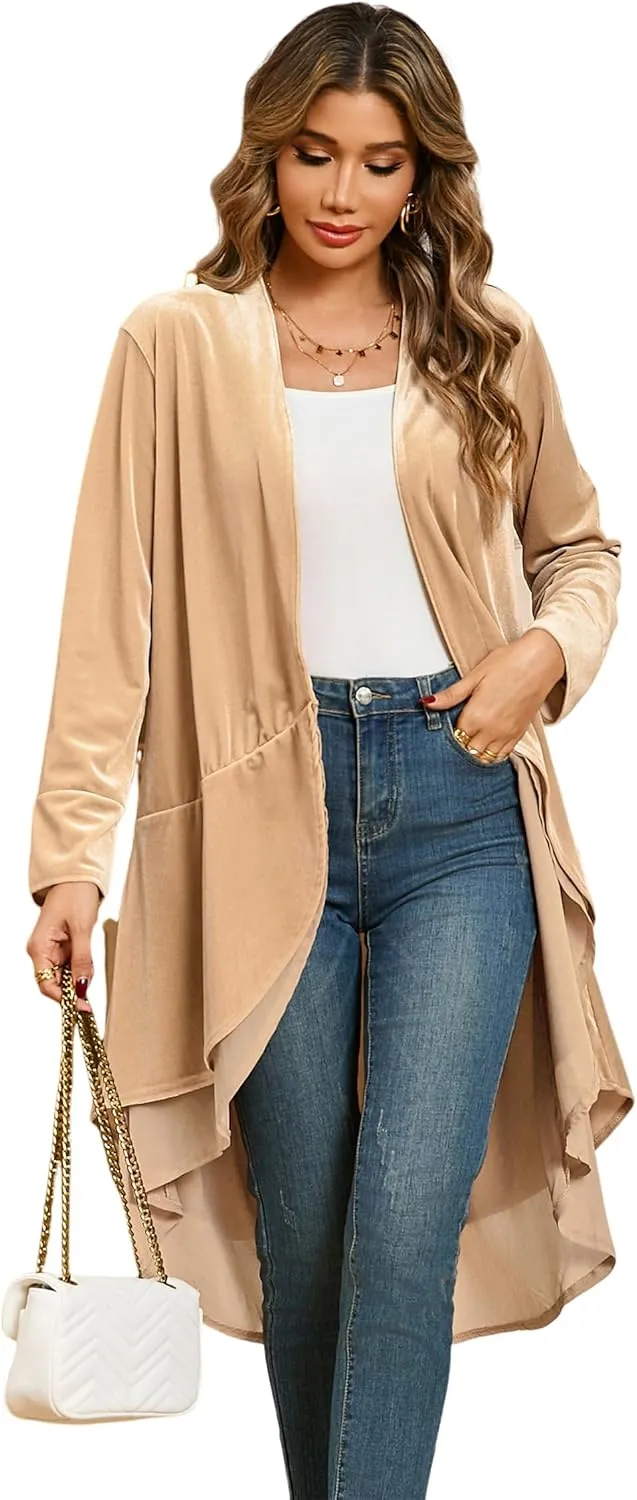 R.Vivimos Womens Ruffled Asymmetric Long Velvet Blazers Coat Casual Jackets