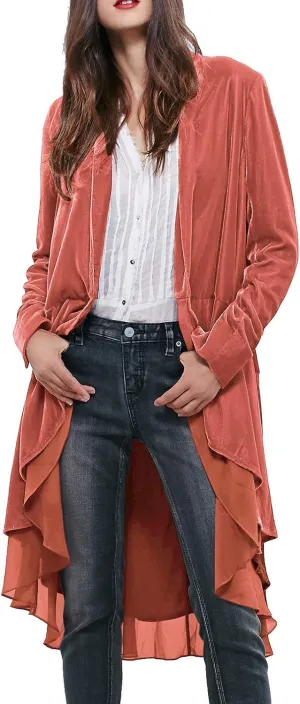 R.Vivimos Womens Ruffled Asymmetric Long Velvet Blazers Coat Casual Jackets