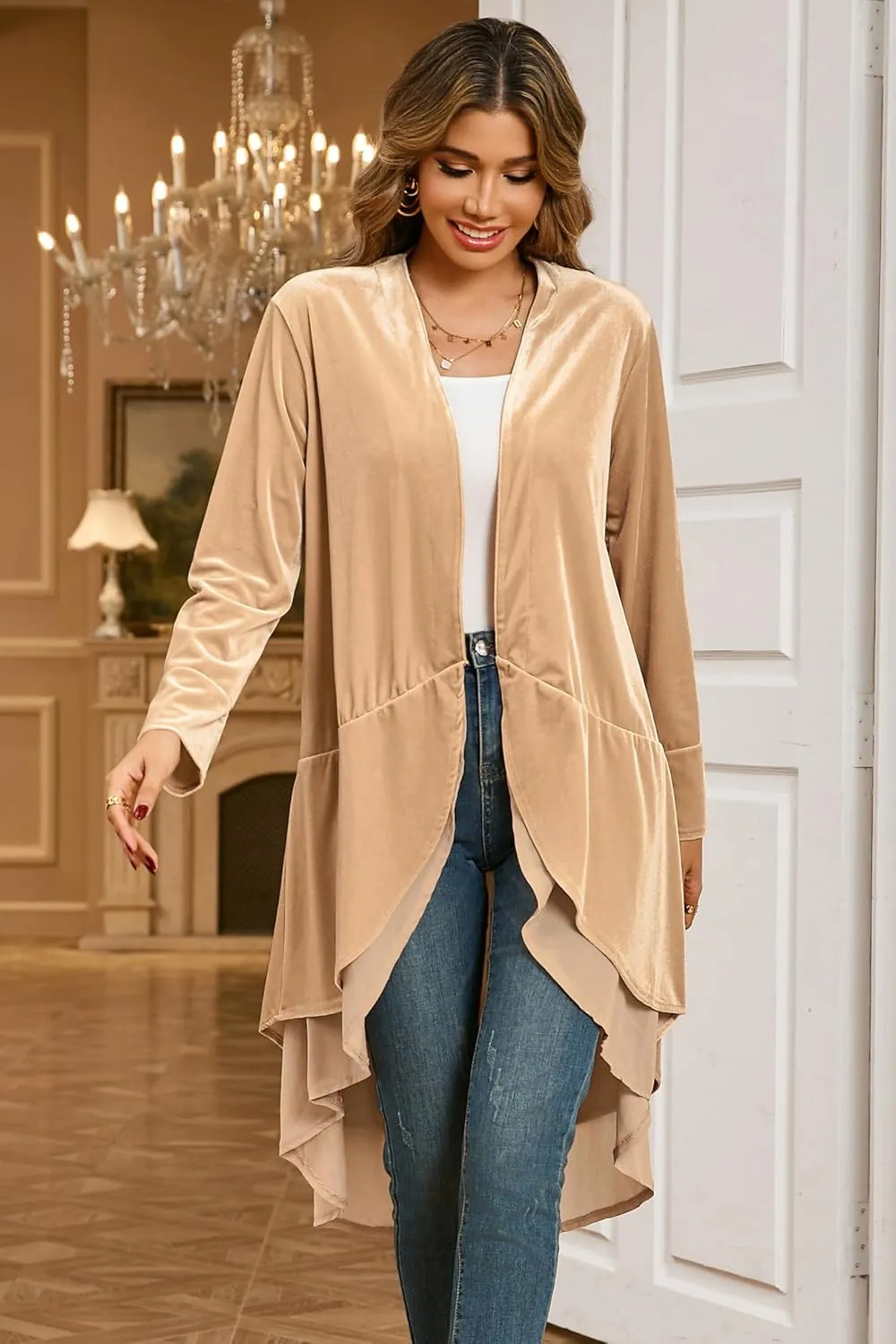 R.Vivimos Womens Ruffled Asymmetric Long Velvet Blazers Coat Casual Jackets