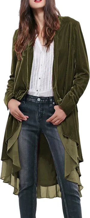 R.Vivimos Womens Ruffled Asymmetric Long Velvet Blazers Coat Casual Jackets