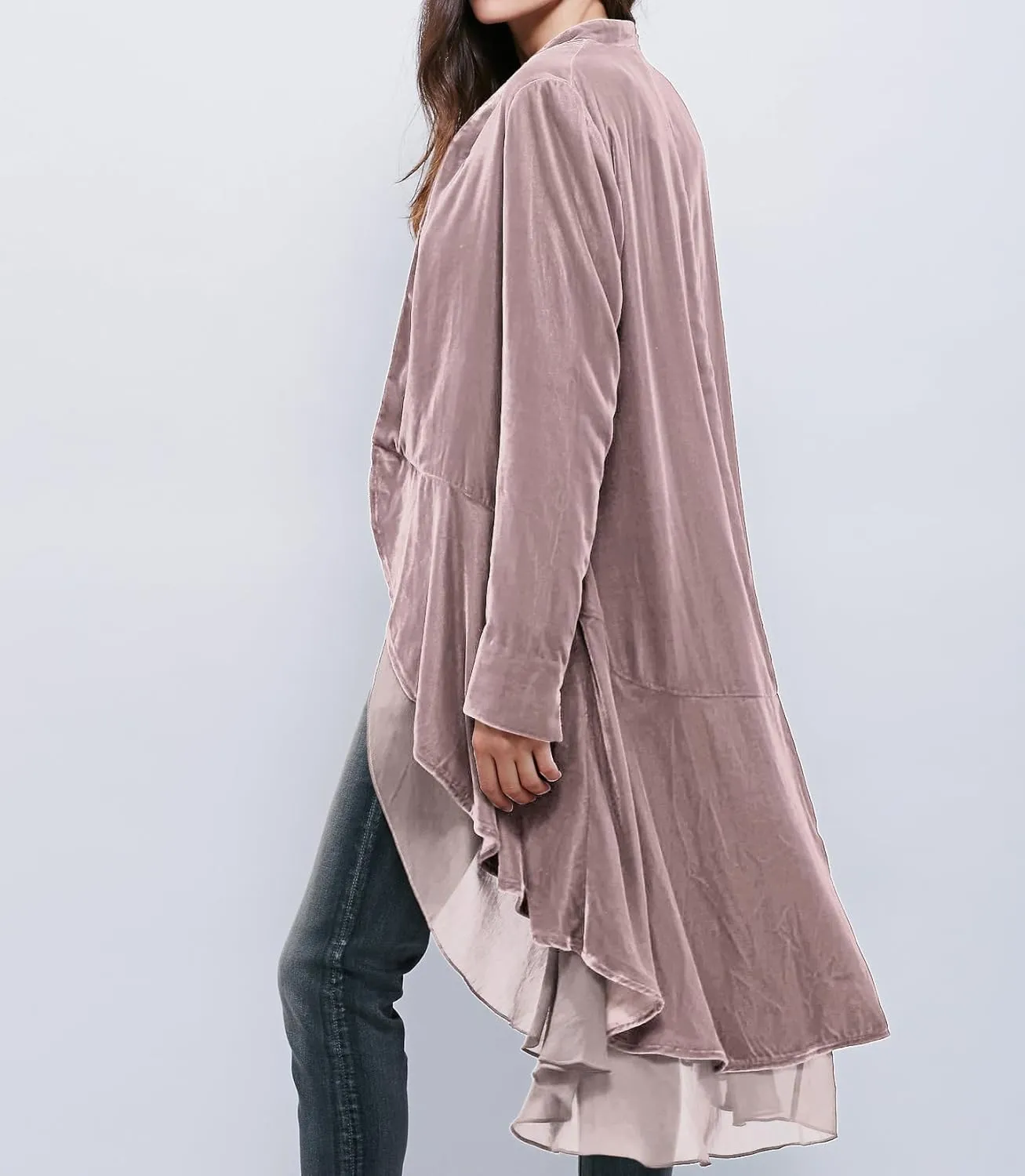 R.Vivimos Womens Ruffled Asymmetric Long Velvet Blazers Coat Casual Jackets