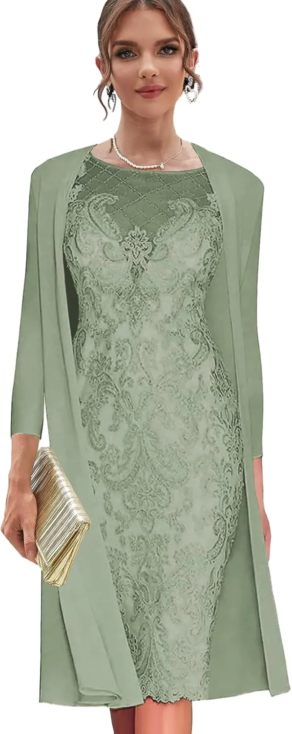 Sage Green Lace Mother of The Bride Dresses for Wedding Plus Size Evening Dress 2 Pieces Wedding Guest Formal Gown with Jacket US 16