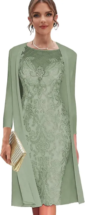 Sage Green Lace Mother of The Bride Dresses for Wedding Plus Size Evening Dress 2 Pieces Wedding Guest Formal Gown with Jacket US 16
