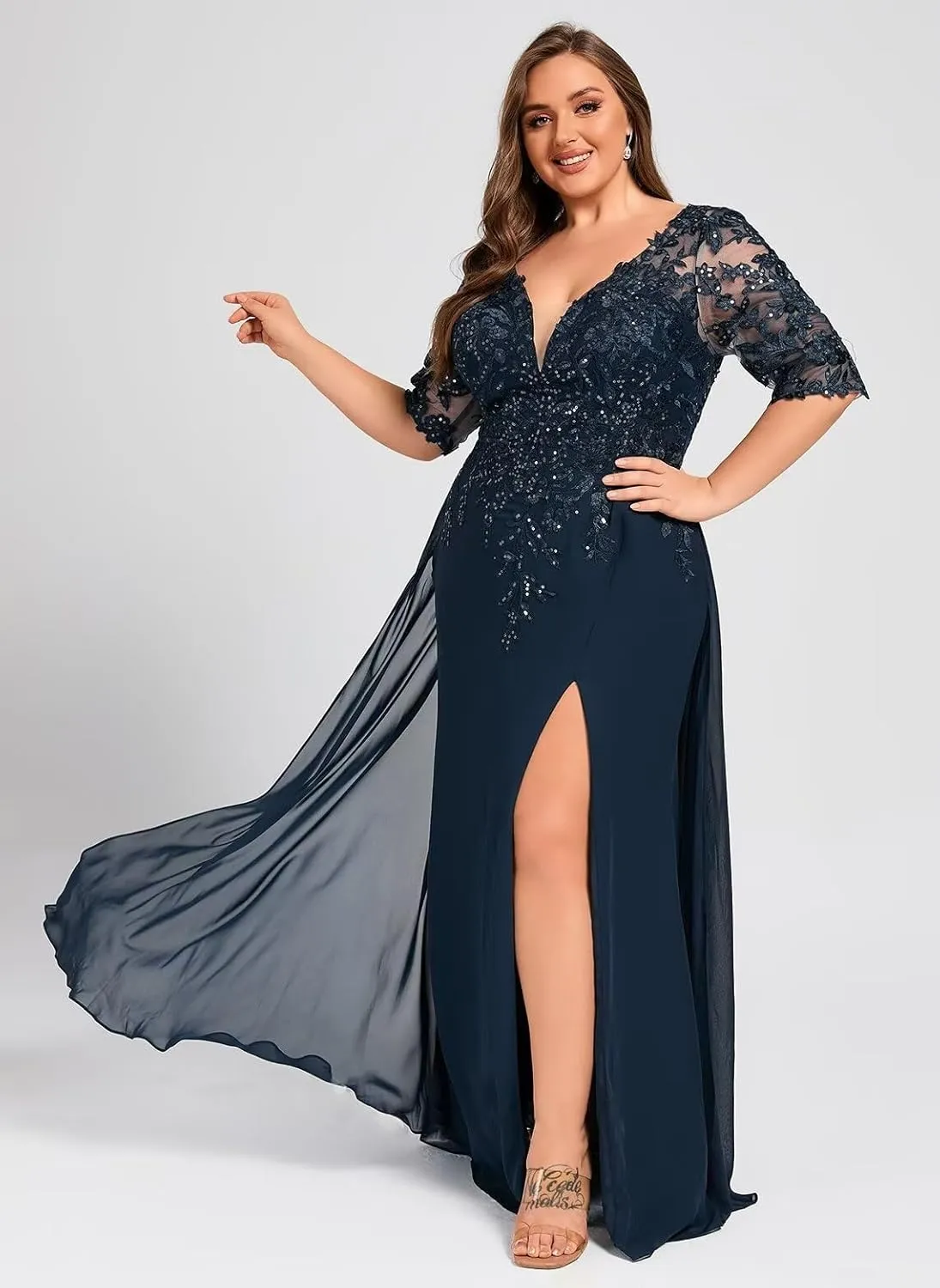 Sequins Lace Mother of The Bride Dresses for Wedding 3/4 Sleeve Appliques Chiffon Formal Evening Dress AP09