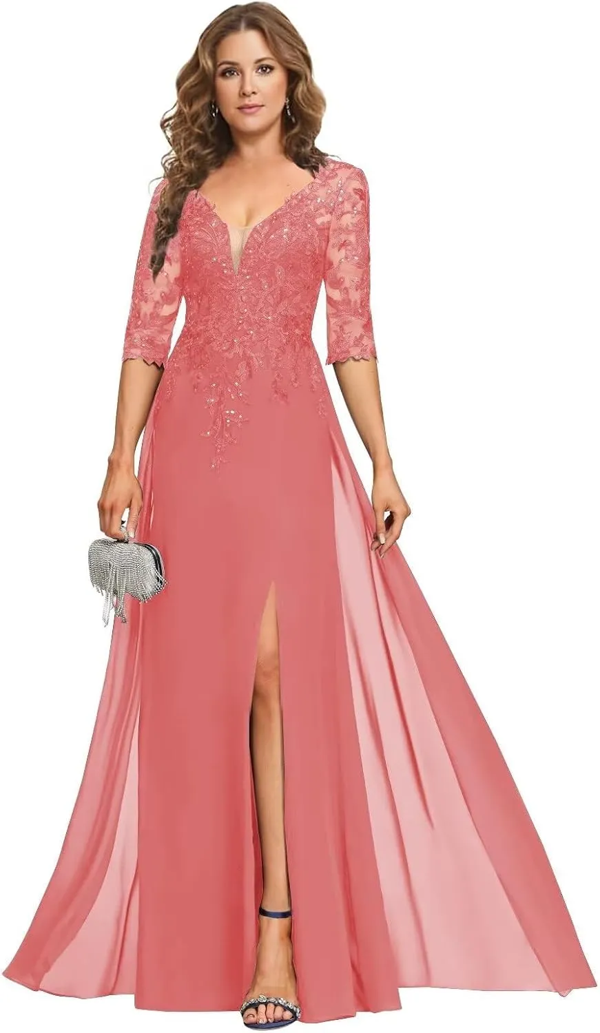 Sequins Lace Mother of The Bride Dresses for Wedding 3/4 Sleeve Appliques Chiffon Formal Evening Dress AP09