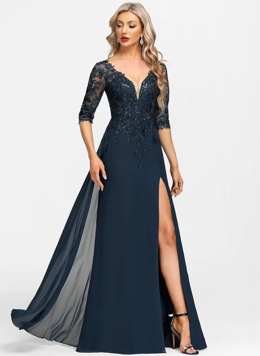 Sequins Lace Mother of The Bride Dresses for Wedding 3/4 Sleeve Appliques Chiffon Formal Evening Dress AP09