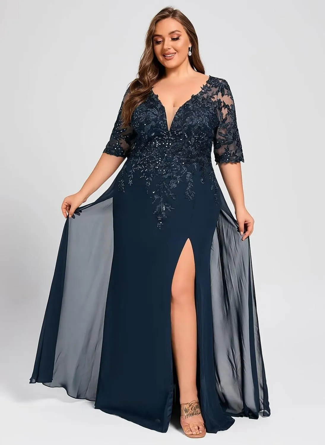 Sequins Lace Mother of The Bride Dresses for Wedding 3/4 Sleeve Appliques Chiffon Formal Evening Dress AP09
