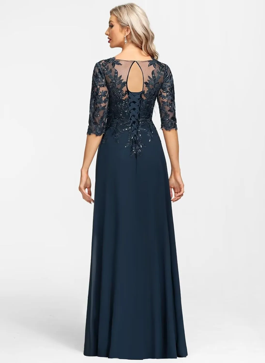 Sequins Lace Mother of The Bride Dresses for Wedding 3/4 Sleeve Appliques Chiffon Formal Evening Dress AP09