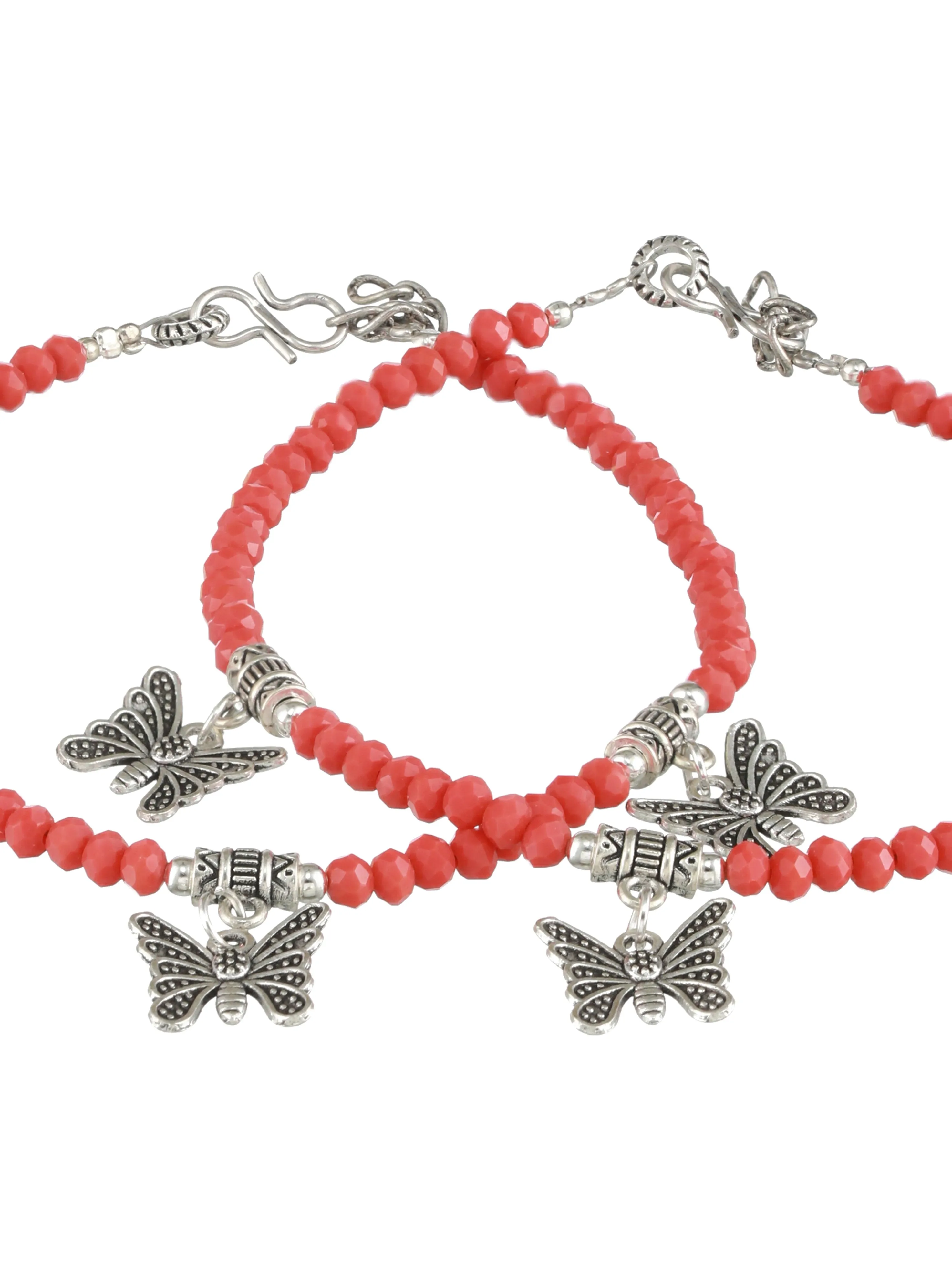 Set Of 2 Silver-Plated Beaded Butterfly Charm Anklets