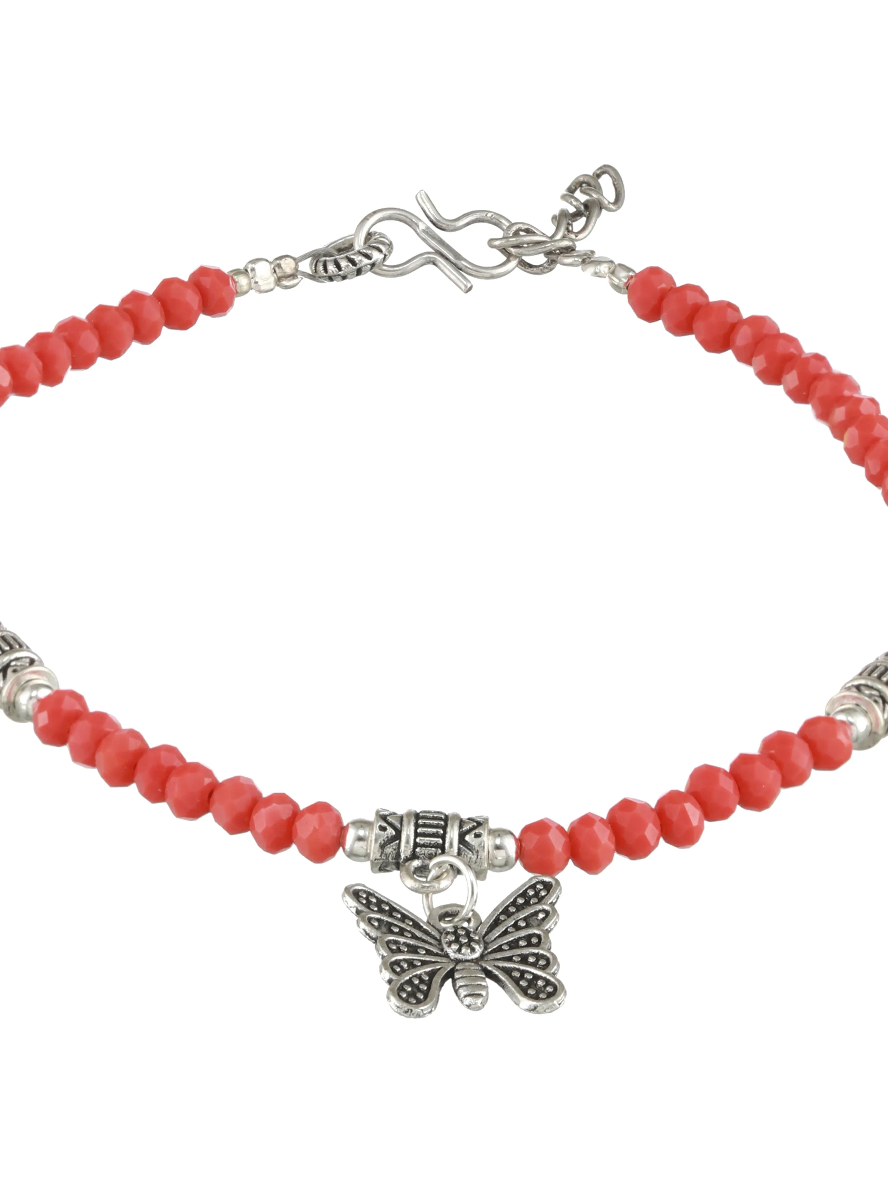 Set Of 2 Silver-Plated Beaded Butterfly Charm Anklets