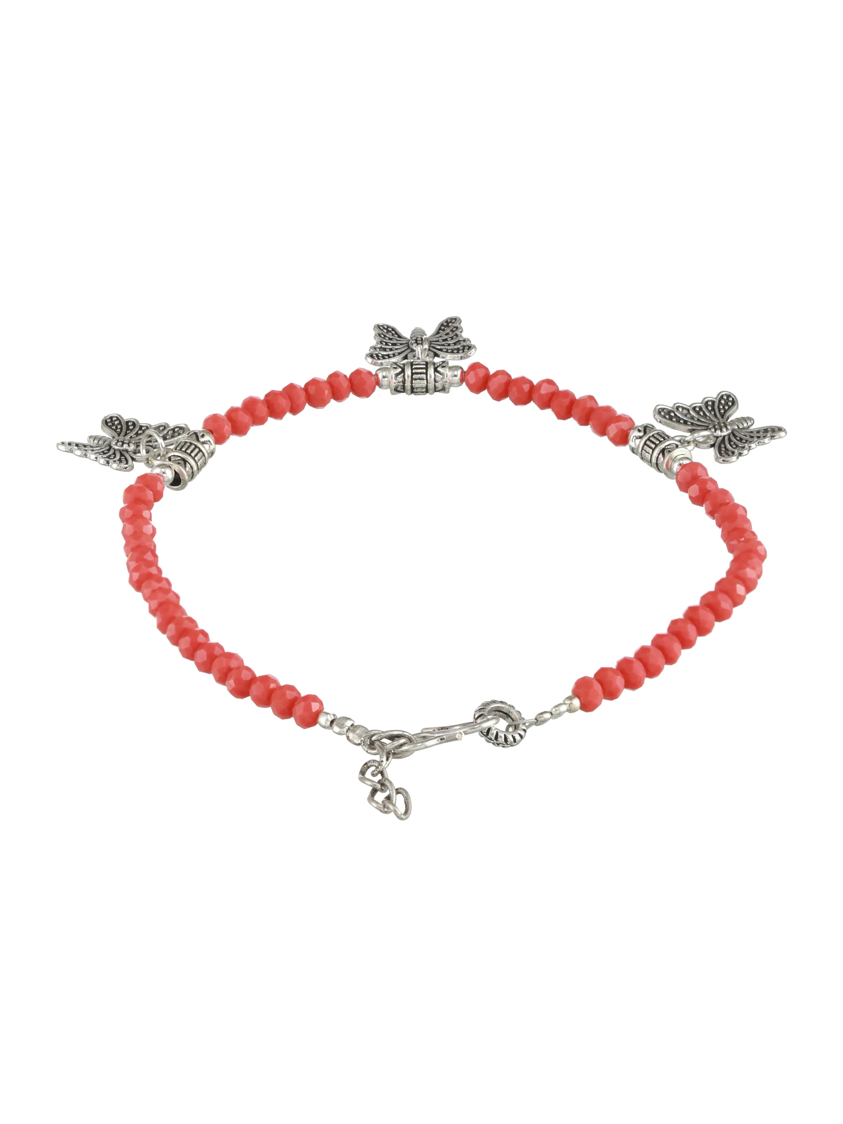 Set Of 2 Silver-Plated Beaded Butterfly Charm Anklets