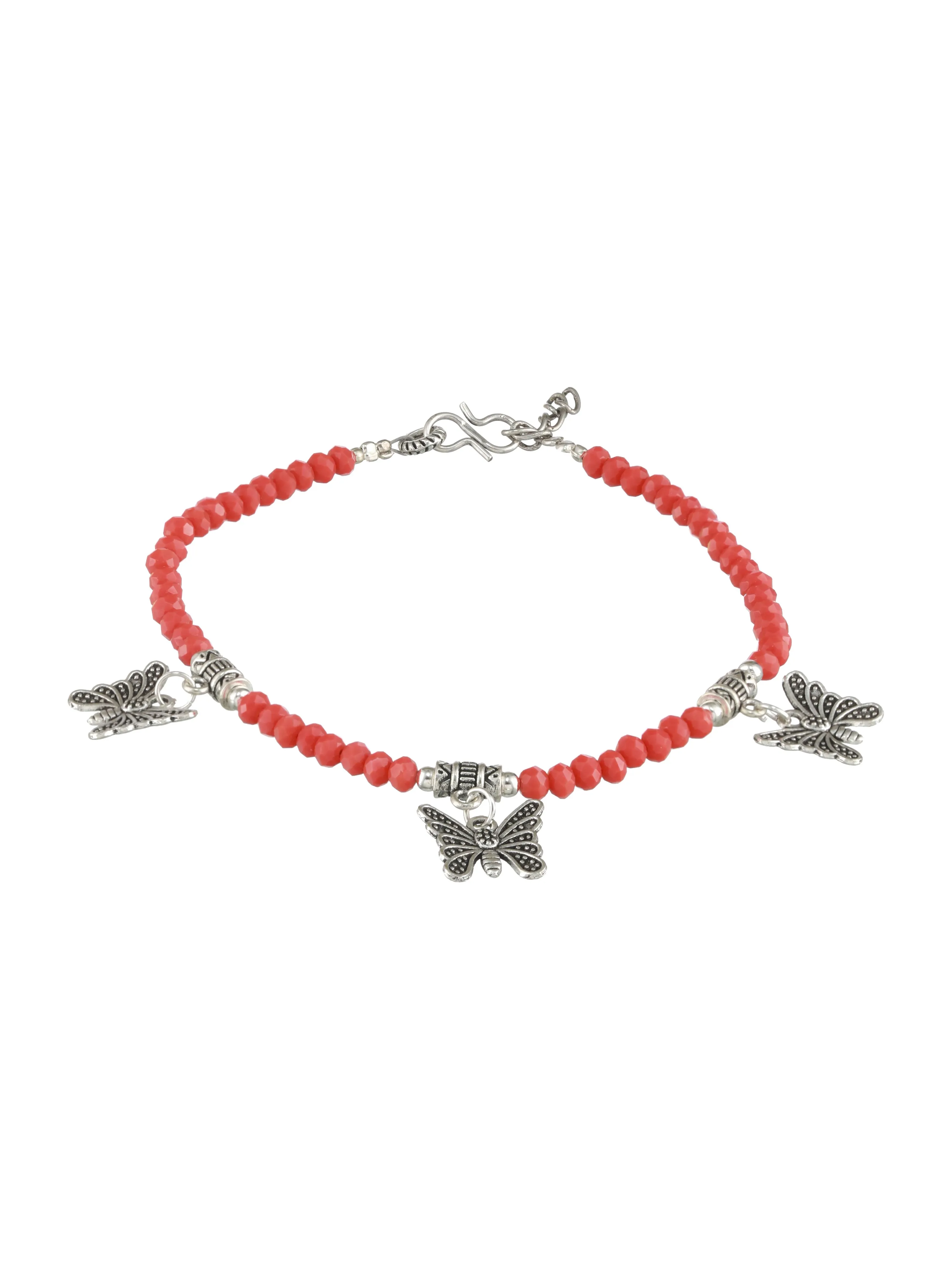 Set Of 2 Silver-Plated Beaded Butterfly Charm Anklets