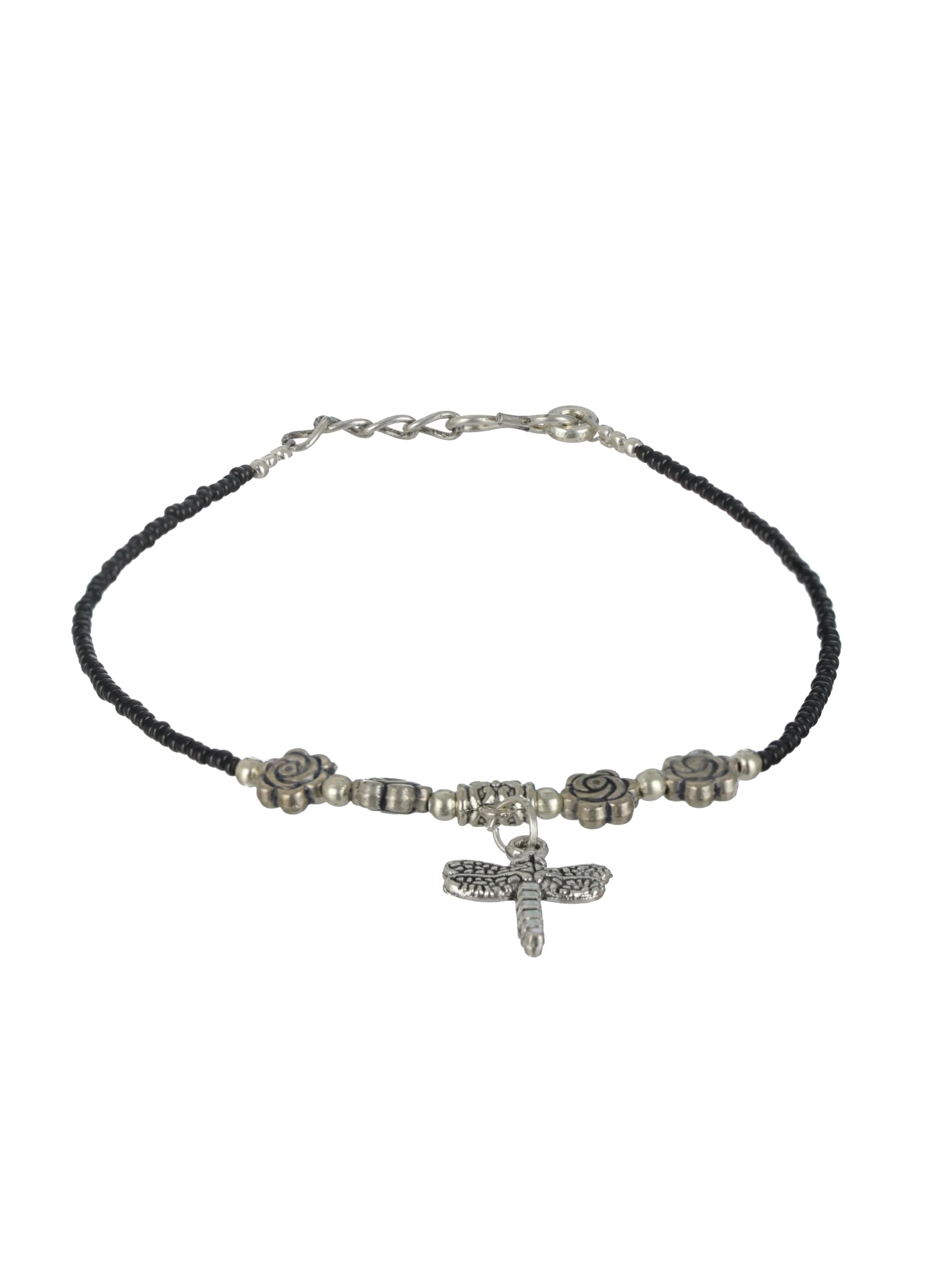 Set Of 2 Silver-Plated Charms Beaded Handcrafted Anklets