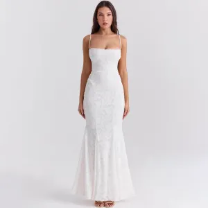 Sexy Frill Square Neck Lace Up Backless Jacquard Floral Fishtail Slip Maxi Dress