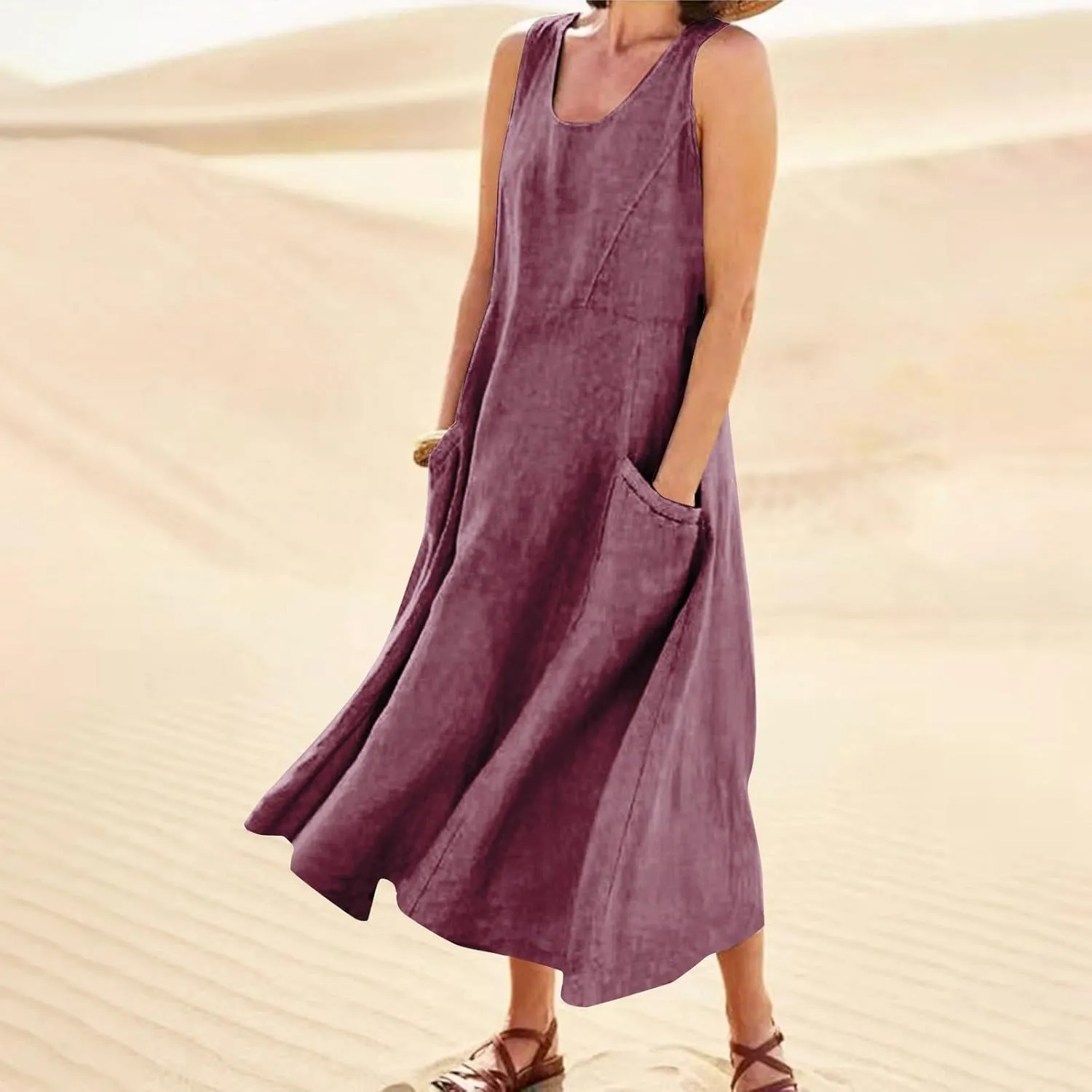 SGASY Summer Dresses for Women 2025 Sleeveless Casual Cotton Linen Sundress Plus Size Maxi Tank Beach Dress with Pocket