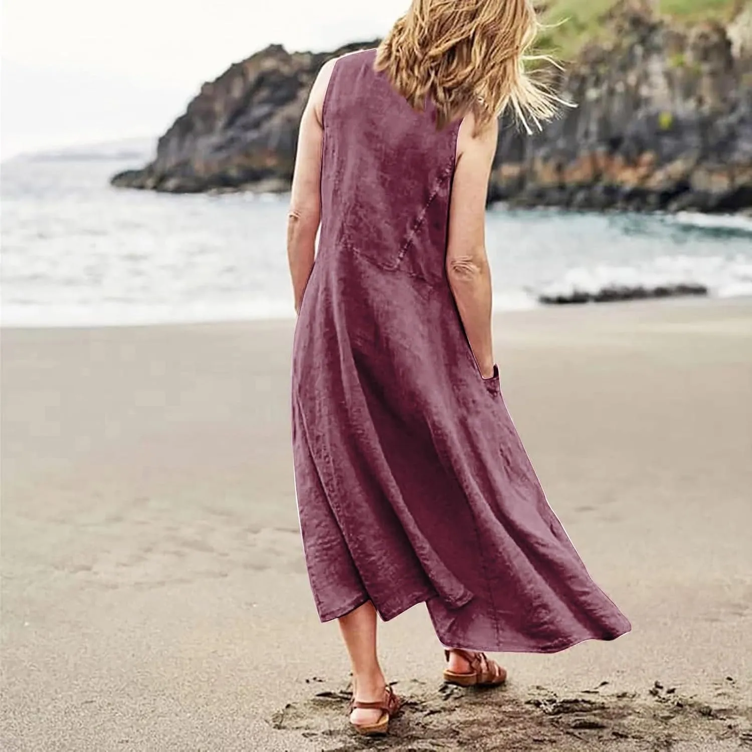 SGASY Summer Dresses for Women 2025 Sleeveless Casual Cotton Linen Sundress Plus Size Maxi Tank Beach Dress with Pocket