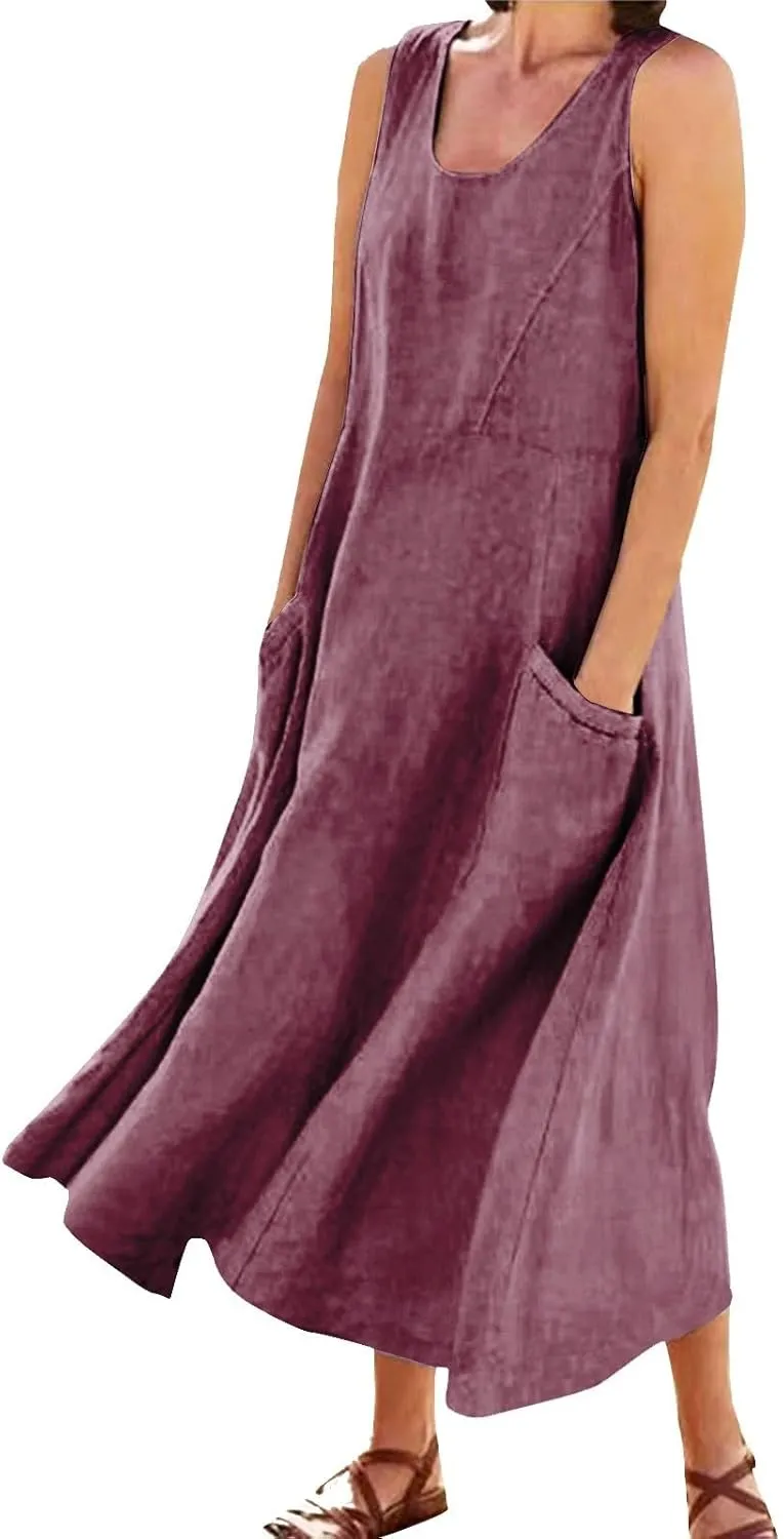 SGASY Summer Dresses for Women 2025 Sleeveless Casual Cotton Linen Sundress Plus Size Maxi Tank Beach Dress with Pocket