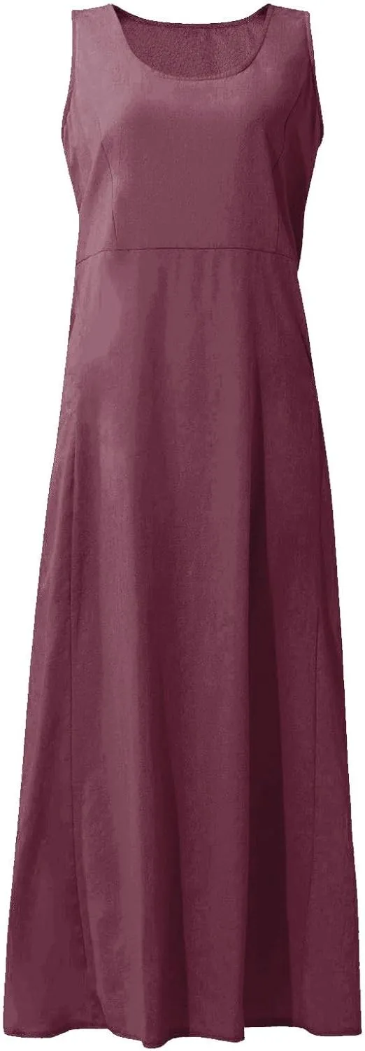 SGASY Summer Dresses for Women 2025 Sleeveless Casual Cotton Linen Sundress Plus Size Maxi Tank Beach Dress with Pocket