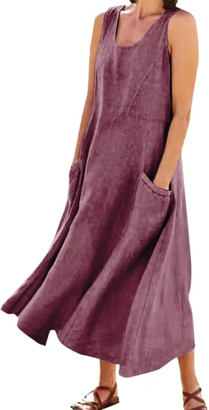 SGASY Summer Dresses for Women 2025 Sleeveless Casual Cotton Linen Sundress Plus Size Maxi Tank Beach Dress with Pocket