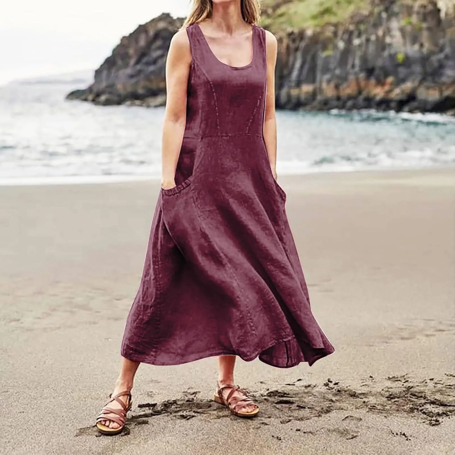 SGASY Summer Dresses for Women 2025 Sleeveless Casual Cotton Linen Sundress Plus Size Maxi Tank Beach Dress with Pocket