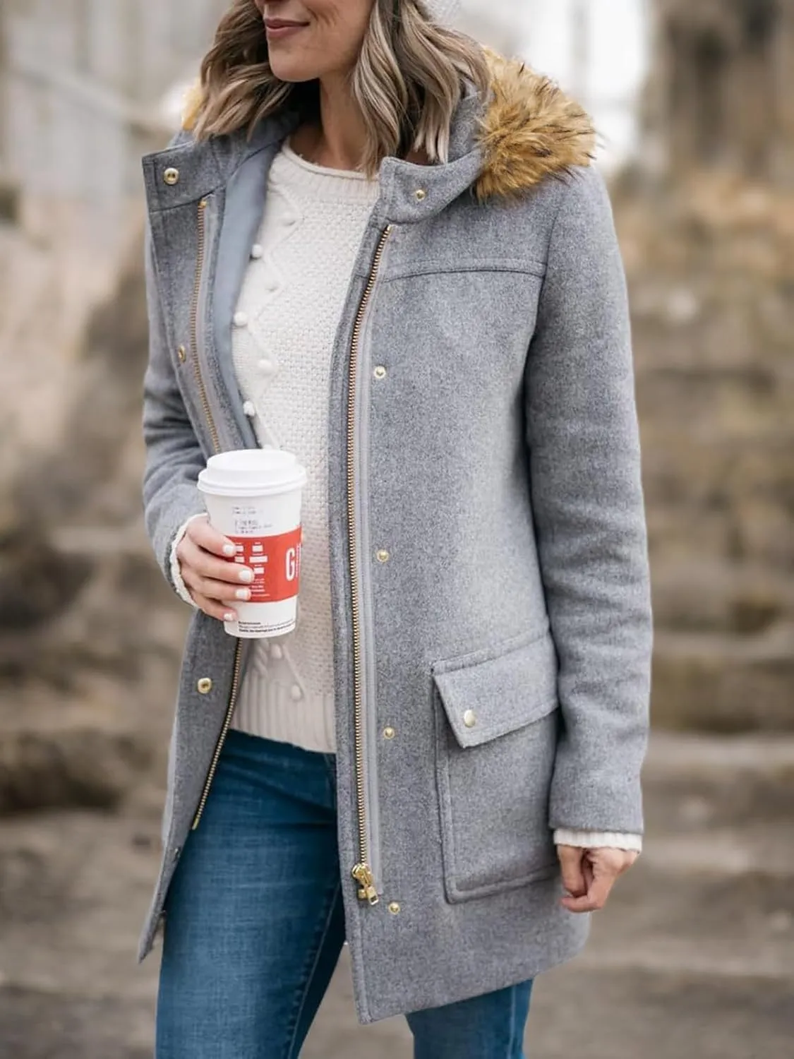 Shanfetl Womens Coats Fall Winter Warm Mid Length Pea Coats Elegant Jackets Outwear with Faux Fur Hood