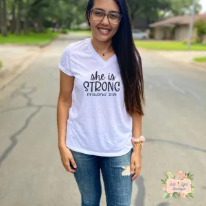 SHE IS STRONG TRIBLEND T-SHIRT | WOMEN'S V-NECK