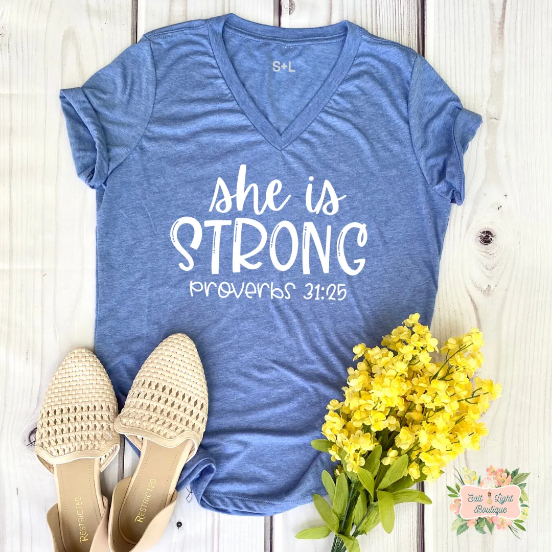 SHE IS STRONG TRIBLEND T-SHIRT | WOMEN'S V-NECK
