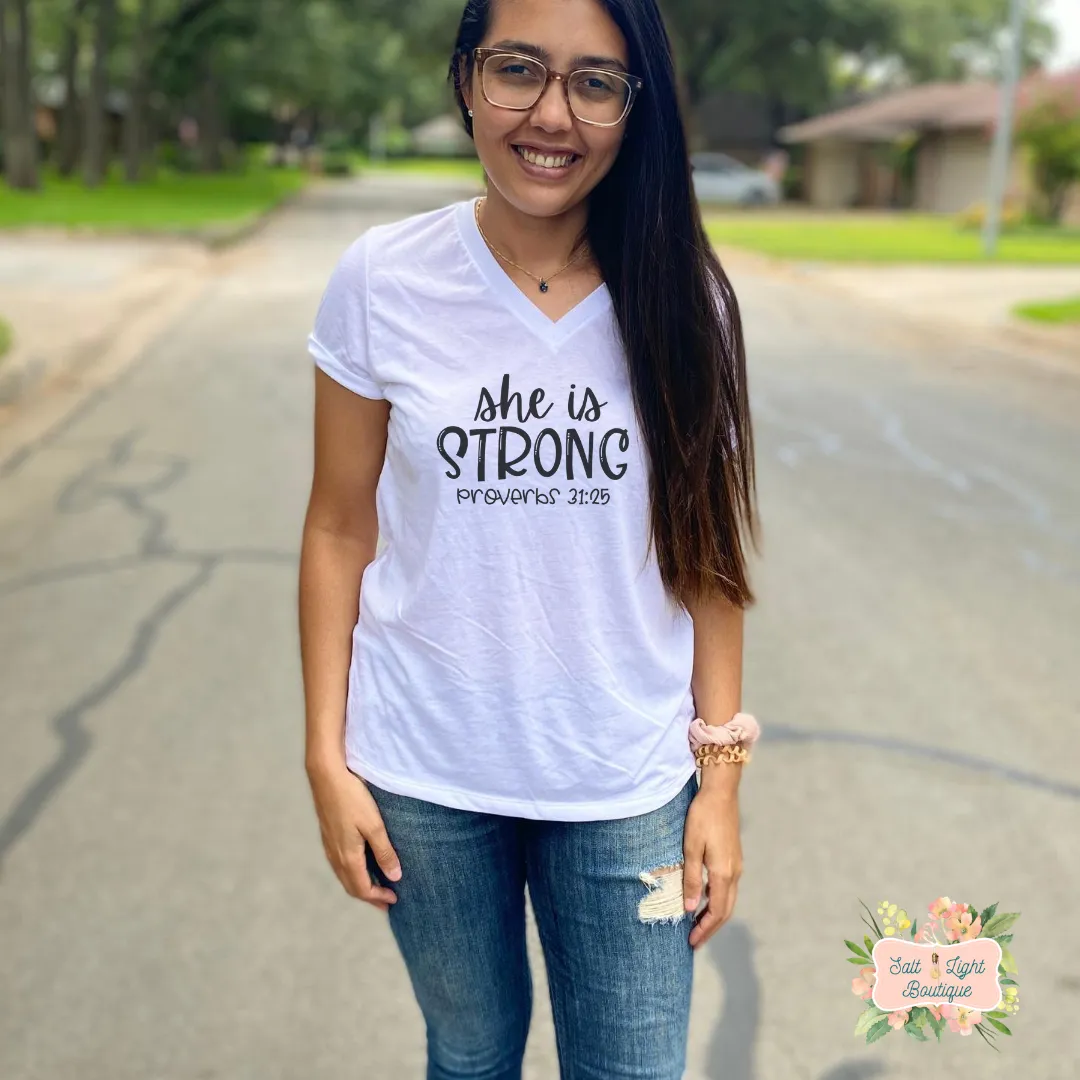 SHE IS STRONG TRIBLEND T-SHIRT | WOMEN'S V-NECK