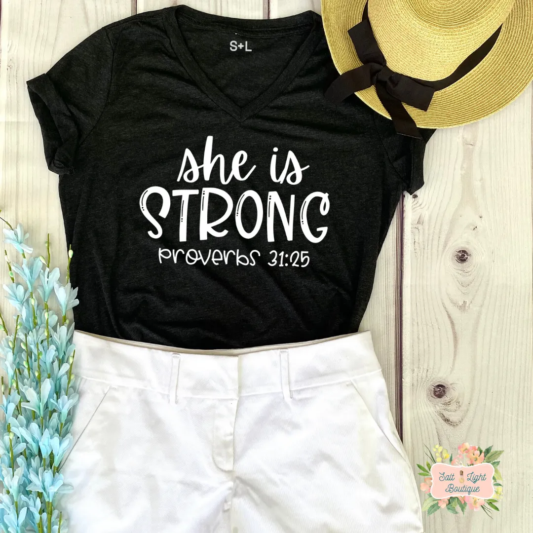 SHE IS STRONG TRIBLEND T-SHIRT | WOMEN'S V-NECK