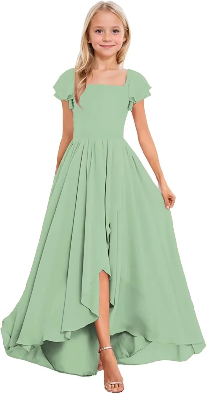 Short Sleeve Junior Bridesmaid Dresses Long Chiffon A Line Flower Girl Dress for Wedding
